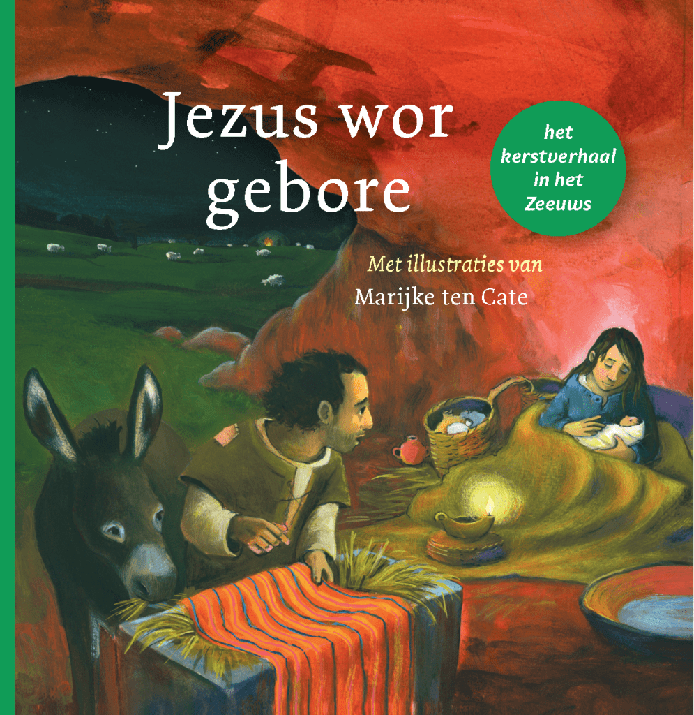 cover van het kerstverhaal in het Zeeuws. Maria en Jozef met Jezus, een ezel en een voerbak.