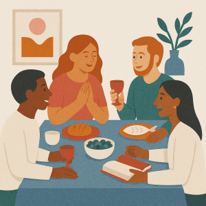 Bijbelstudie aan tafel samen eten