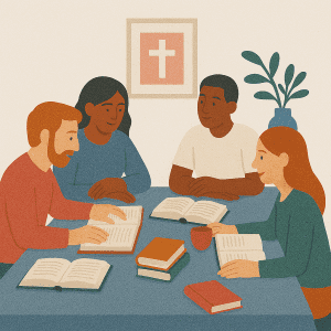 Bijbelstudie met veel boeken op tafel