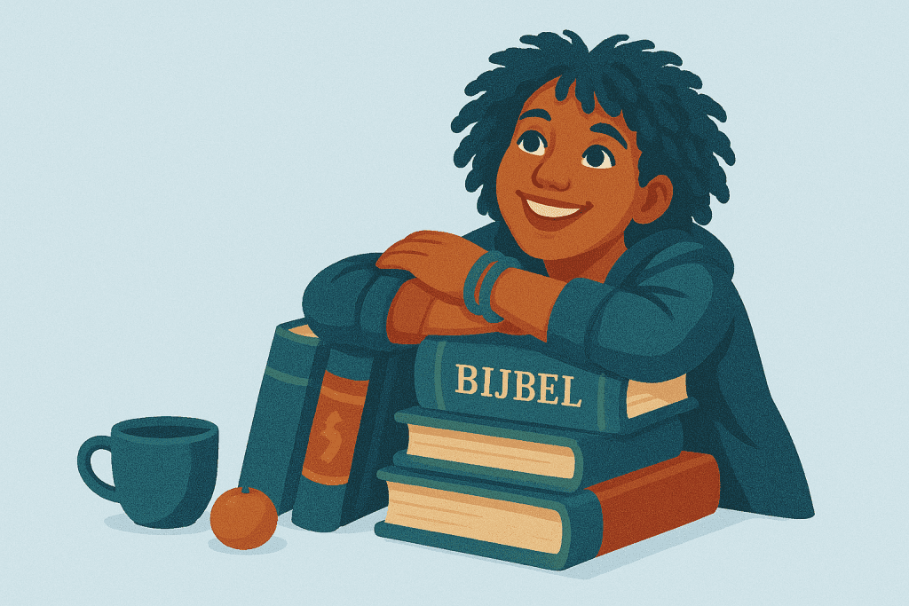 Meisje met stapel Bijbels