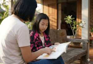 Moeder en kind lezen Family Bible